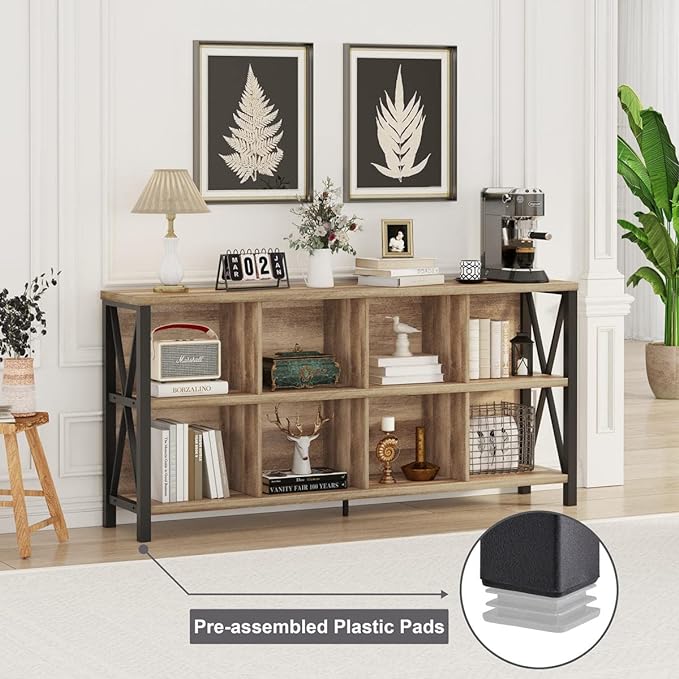 FATORRI 8 Cube Storage Organizer Bookshelf, Rustic Wood Cubby Bookcase, Industrial Horizontal Long Shelf for Living Room (Rustic Oak, 62 Inch) - LeafyLoom