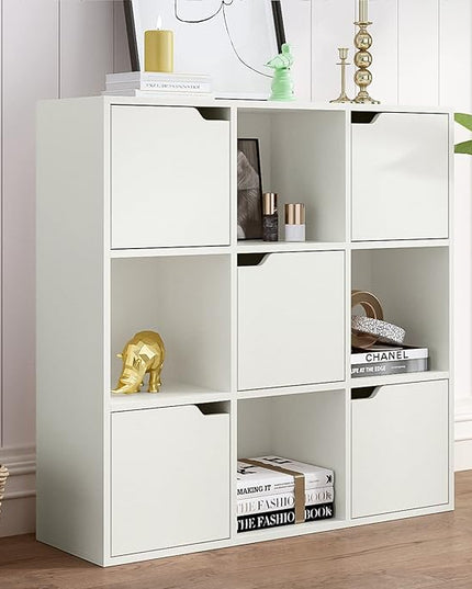 9-Cube Storage Shelf Bookcase - Wooden 3-Tier Floor Standing Open Bookshelf with Doors for Home and Office, Display Cabinet, Warm White - LeafyLoom