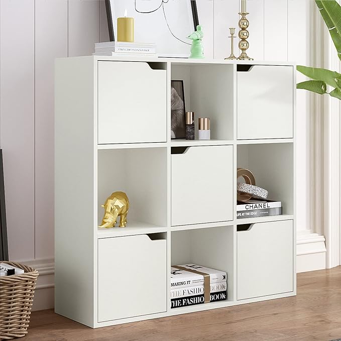 9-Cube Storage Shelf Bookcase - Wooden 3-Tier Floor Standing Open Bookshelf with Doors for Home and Office, Display Cabinet, Warm White - LeafyLoom