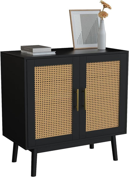 Set of 2 Accent Storage Cabinet with Rattan Decor Doors, Buffet Cabinet with Storage, Sideboard Cabinet for Hallway, Entry, Living Room, Black - LeafyLoom