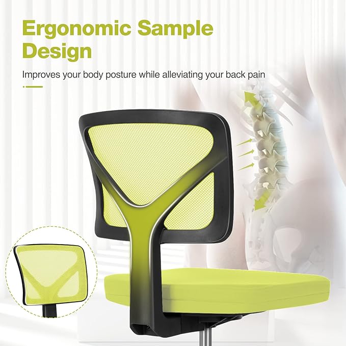 Home Office Chair Mesh Armless Computer Desk Chair Ergonomic Task Rolling Swivel Chair Adjustable Modern Chair with Lumbar Support, Green - LeafyLoom