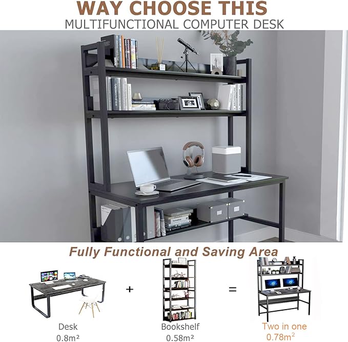 Aquzee Computer Desk with Hutch and Shelves, 47-Inch Wide Office Desk with 3-Tier Storage Shelves for Space-Saving, Modern Standing Desk for Study and Writing Work, Easy to Assemble, Black - LeafyLoom