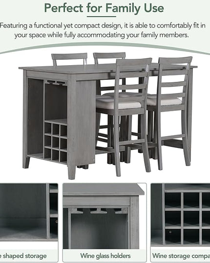 5 Piece Industrial Dinette Sets Wooden Kitchen Dining Table and 5 Matching Upholstered Chairs, for Diningroom Living Room, Easy to Assemble, Gray 2 - LeafyLoom