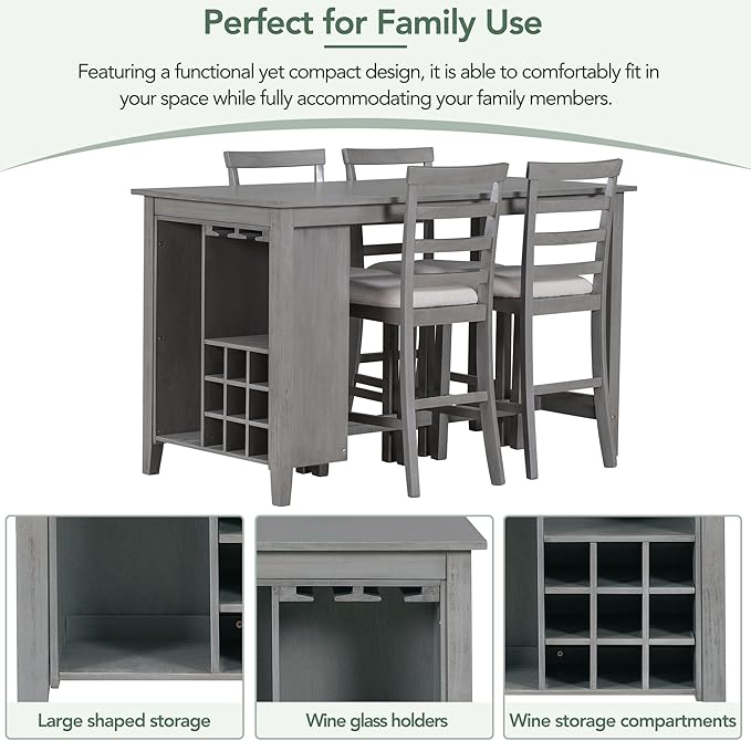 5 Piece Industrial Dinette Sets Wooden Kitchen Dining Table and 5 Matching Upholstered Chairs, for Diningroom Living Room, Easy to Assemble, Gray 2 - LeafyLoom
