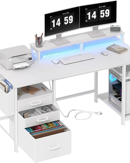 Lufeiya White Computer Desk with File Drawers Cabinet, 55 Inch Home Office Desk with Monitor Stand Shelves, Writing Study Gaming Desks with Led Light Power Outlets for Bedroom, White - LeafyLoom