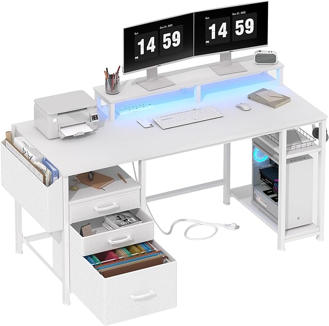 Lufeiya White Computer Desk with File Drawers Cabinet, 55 Inch Home Office Desk with Monitor Stand Shelves, Writing Study Gaming Desks with Led Light Power Outlets for Bedroom, White - LeafyLoom