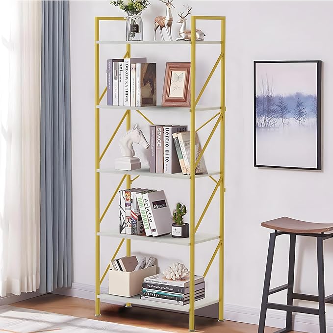 5 Tiers Bookshelf Tall Bookcase Shelf Storage Organizer Industrial Open Shelving Wood Large Modern Bookshelf for Living Room/Bedroom/Home/Office, White - LeafyLoom