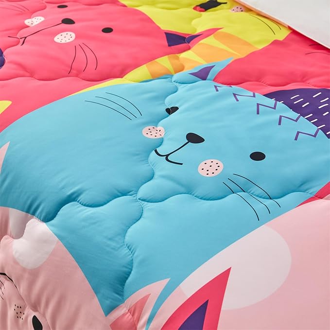 Wajade Kids Cute Cats Comforter Set Bed in A Bag Full Size 7 Piece Colorful Cartoon Pet Cats Bedding Set for Boys Girls (1 Comforter, 1 Flat Sheet, 1 Fitted Sheet, 2 Pillowcase and 2 Pillow Sham) - LeafyLoom