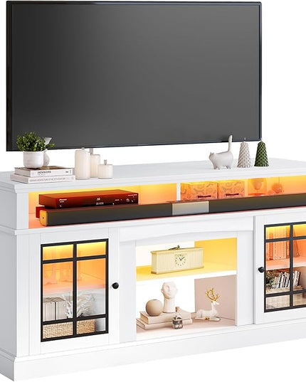 YITAHOME White TV Stand for 75/65 Inch TVs, 32'' Tall Mid Century Modern TV Cabinet with Adjustable Shelves and Glass Doors, Modern Entertainment Center TV Media Console Table for Living Room - LeafyLoom