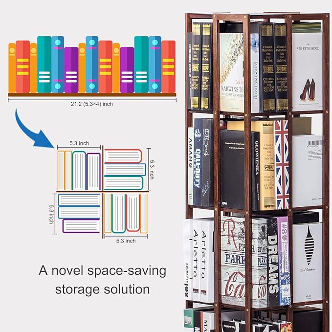 COPREE 5 Tier Rolling Bookcase, Bamboo 360 Rotating Bookshelf, Freestanding Storage Organizer Holder Book Rack with Wheels for Bedroom, Living Room Home and Office - LeafyLoom