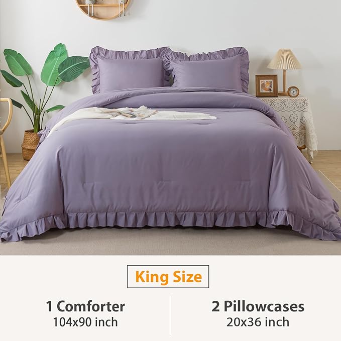 Andency Grayish Purple Ruffle Comforter King, 3 Pieces Solid Farmhouse Shabby Chic Comforter, Lightweight Soft Microfiber Vintage Rustic Bedding Sets All Season (104x90Inch Comforter) - LeafyLoom