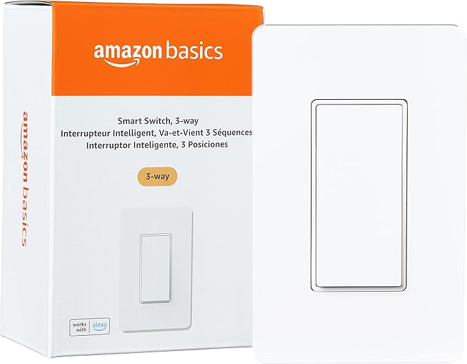 Amazon Basics Smart Switch, 3-Way, Works with Alexa Only, 2.4 GHz Wi-Fi, No Hub Required, White AmazonBasics