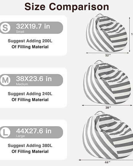 EXQ Home Kids Bean Bag Chairs Cover -Stuffed Animal Bean Bag Storage Grey and White Stripes-Zipper Bean Bag for Organizing Children Plush Toys Holiday Gift for Girl,Boys (2XL) - LeafyLoom