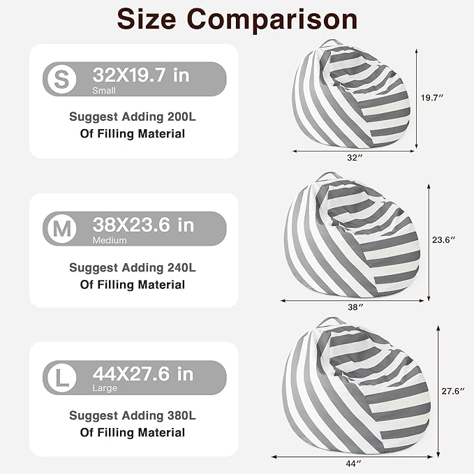 EXQ Home Kids Bean Bag Chairs Cover -Stuffed Animal Bean Bag Storage Grey and White Stripes-Zipper Bean Bag for Organizing Children Plush Toys Holiday Gift for Girl,Boys (2XL) - LeafyLoom