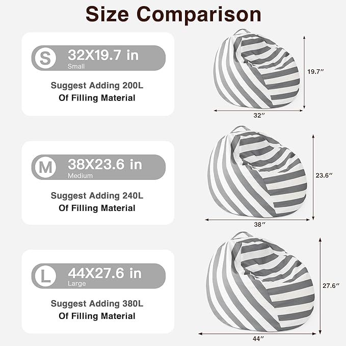 EXQ Home Kids Bean Bag Chairs Cover -Stuffed Animal Bean Bag Storage Grey and White Stripes-Zipper Bean Bag for Organizing Children Plush Toys Holiday Gift for Girl,Boys (XL) - LeafyLoom