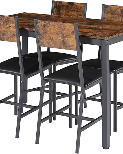 Dining Table Set for 4, Industrial Metal Wood 47.2" Kitchen Dining Table with 4 Upholstered PU Leather Chairs, Indoor Modern Furniture Set for Dining Room, Dinette, Breakfast Nook, Rustic Brown - LeafyLoom