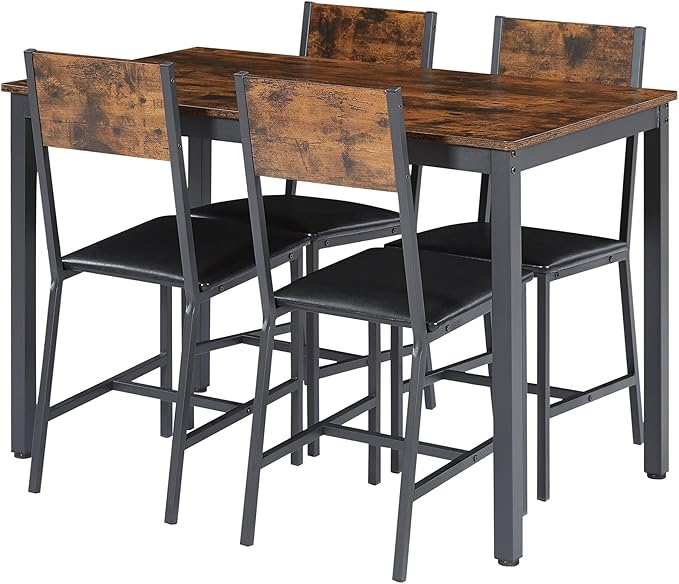 Dining Table Set for 4, Industrial Metal Wood 47.2" Kitchen Dining Table with 4 Upholstered PU Leather Chairs, Indoor Modern Furniture Set for Dining Room, Dinette, Breakfast Nook, Rustic Brown - LeafyLoom