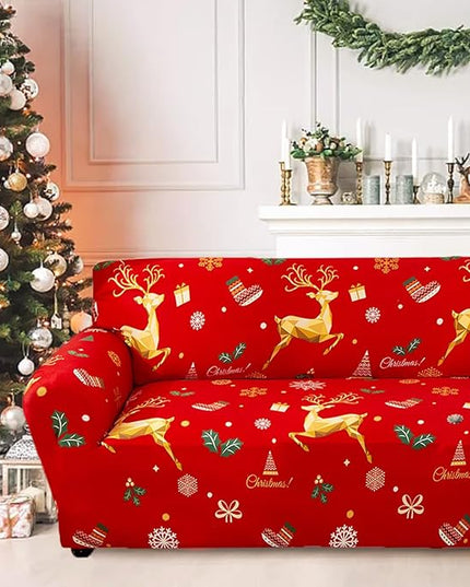 Mybedsoul Christmas Printed Red Sofa Cover Reindeer Printed Elastic Couch Cover Machine Washable Christmas Theme Red Sofa Slipcover for Living Room(2 Seater/Loveseat) Mybedsoul