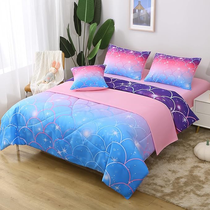JQinHome Queen Size Mermaid Comforter Set, 6 Piece Bed in A Bag 3D Colorful Bedding Set for Girls kids (1 Comforter,2 Pillowcases,1 Flat Sheet,1 Fitted Sheet,1 Cushion Cover)(Pink Mermaid Scale) - LeafyLoom