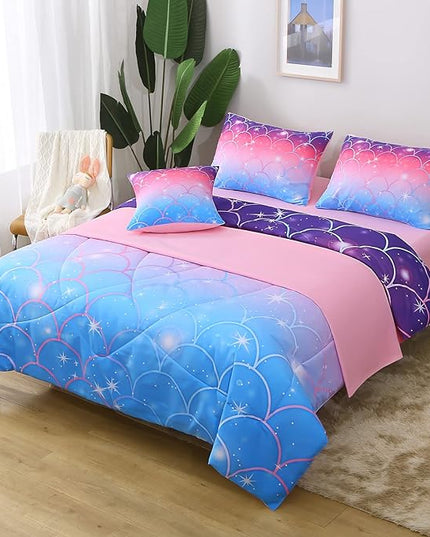 JQinHome Full Size Mermaid Comforter Set, 6 Piece Bed in A Bag 3D Colorful Bedding Set for Girls Kids (1 Comforter,2 Pillowcases,1 Flat Sheet,1 Fitted Sheet,1 Cushion Cover)(Pink Mermaid Scale) - LeafyLoom