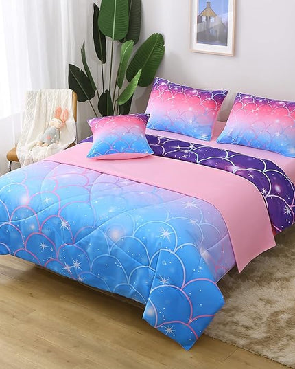 JQinHome Twin Size Mermaid Comforter Set, 6 Piece Bed in A Bag 3D Colorful Bedding Set for Girls kids (1 Comforter,2 Pillowcases,1 Flat Sheet,1 Fitted Sheet,1 Cushion Cover)(Pink Mermaid Scale) - LeafyLoom
