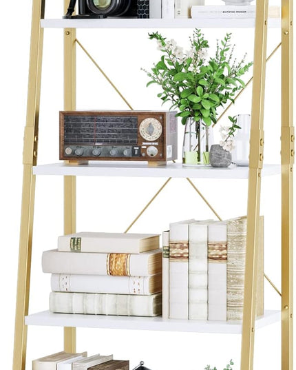 finetones 5-Tier Ladder Shelf, Gold Bookcase Bookshelf with Metal Frame, Display Shelf Plant Rack Accent Furniture for Home Office, White/Golden - LeafyLoom