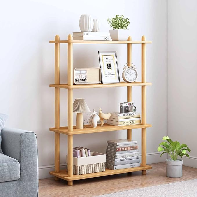 IOTXY 4-Tier Wooden Shelf Bookcase - Modern Open Bookshelf, Free Standing Storage Rack, Multifunctional Display Stand for Home and Office, Oak, Rectangle - LeafyLoom