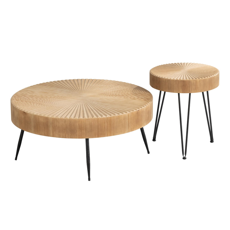 2-Piece Modern Farmhouse Living Room Coffee Table Set, Nesting Table Round Natural Finish with Handcrafted Wood Ring Motif, Wood Colour LeafyLoom