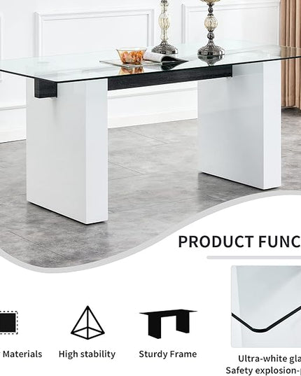 NicBex Large Modern Simple Rectangular Glass Table for 6-8 People, Equipped with 0.4-Inch Tempered Glass Table Top and Large MDF Table Legs for Kitchen, Dining Room, Living Room, White - LeafyLoom