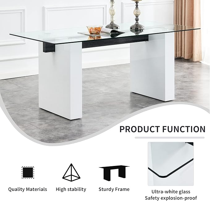 NicBex Large Modern Simple Rectangular Glass Table for 6-8 People, Equipped with 0.4-Inch Tempered Glass Table Top and Large MDF Table Legs for Kitchen, Dining Room, Living Room, White - LeafyLoom