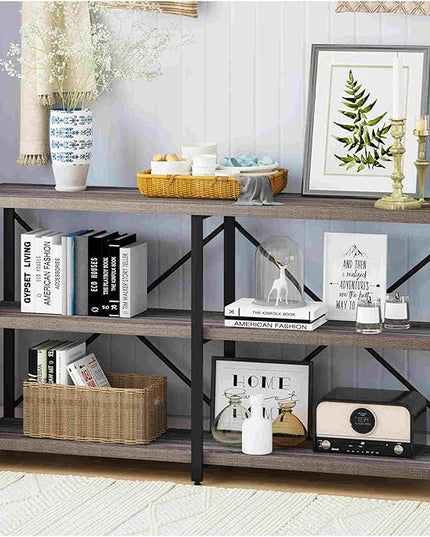 BON AUGURE Rustic Console Table Behind Sofa, Industrial Entryway Table with Storage Shelves, 3 Tier Long Bookshelf for Entry (55 Inch, Dark Grey Oak) - LeafyLoom