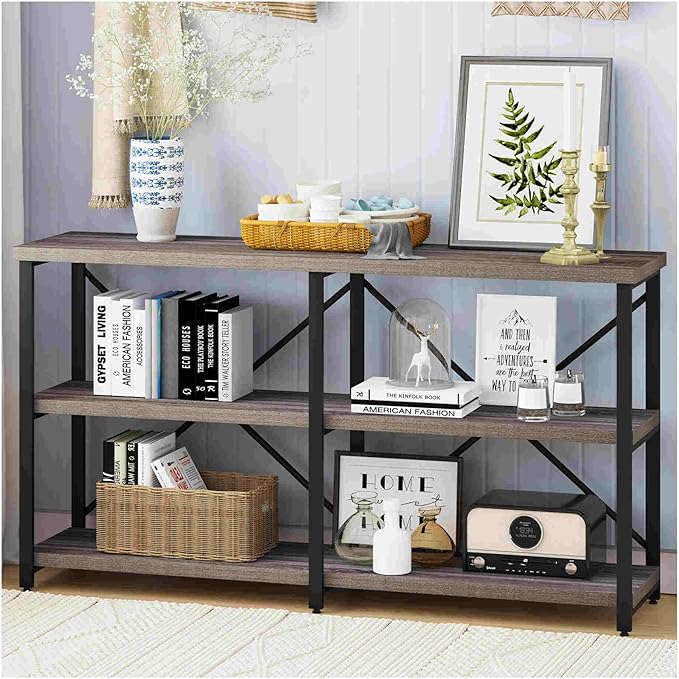 BON AUGURE Rustic Console Table Behind Sofa, Industrial Entryway Table with Storage Shelves, 3 Tier Long Bookshelf for Entry (55 Inch, Dark Grey Oak) - LeafyLoom