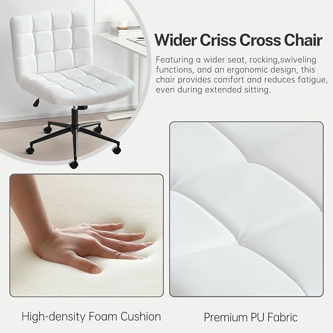 Furniliving Home Office Desk Chair with Wheels,Criss Cross Legged Wide Chair Armless Height Adjustable Chair with Mid Back PU-Padded Swivel Accent Vanity Chairs,IvoryWhite - LeafyLoom