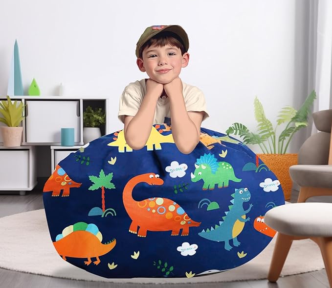 Stuffed Animal Storage Bean Bag Chairs(No Filler) Toy Organizer Bags Chair Cover for Kids Cotton Canvas Beanbag with Zipper Organizing Keep Room your Plush Toys and More Organized - LeafyLoom