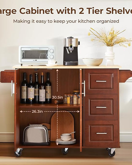 54" Large Kitchen Island Cart with Drop Leaf, Kitchen Island with Storage, Rolling Kitchen Island with Inside Cabinet, 3 Drawers, Spice Rack, Towel Rack and Wood Tabletop(Brown) - LeafyLoom