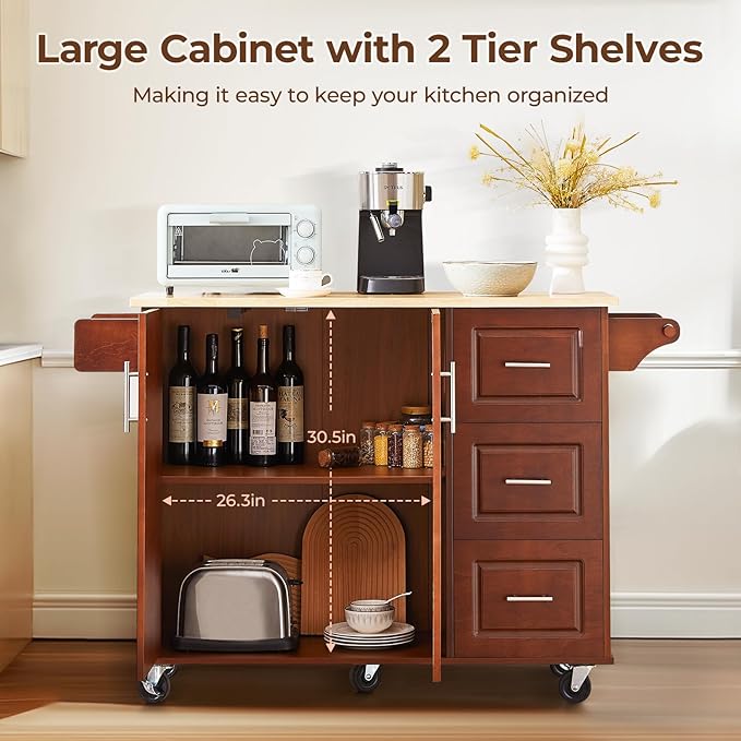 54" Large Kitchen Island Cart with Drop Leaf, Kitchen Island with Storage, Rolling Kitchen Island with Inside Cabinet, 3 Drawers, Spice Rack, Towel Rack and Wood Tabletop(Brown) - LeafyLoom