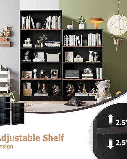 5-Tier Bookshelf, Wood Display Storage Shelves 67.3" Tall Bookcase Open Bookshelf for Home Office, Living Room and Bedroom, Black - LeafyLoom