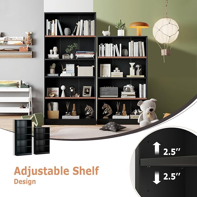 5-Tier Bookshelf, Wood Display Storage Shelves 67.3" Tall Bookcase Open Bookshelf for Home Office, Living Room and Bedroom, Black - LeafyLoom