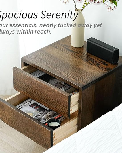 Night Stand, Mid Century Modern Nightstand w/2 Drawers, Boho Nightstand, Small Nightstand, Oak Bedroom Nightstand, Solid Wood Bedside Table, 17.72 W x 15.75 D x 19.69 H Inches(Walnut) - LeafyLoom