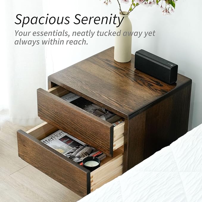 Night Stand, Mid Century Modern Nightstand w/2 Drawers, Boho Nightstand, Small Nightstand, Oak Bedroom Nightstand, Solid Wood Bedside Table, 17.72 W x 15.75 D x 19.69 H Inches(Walnut) - LeafyLoom