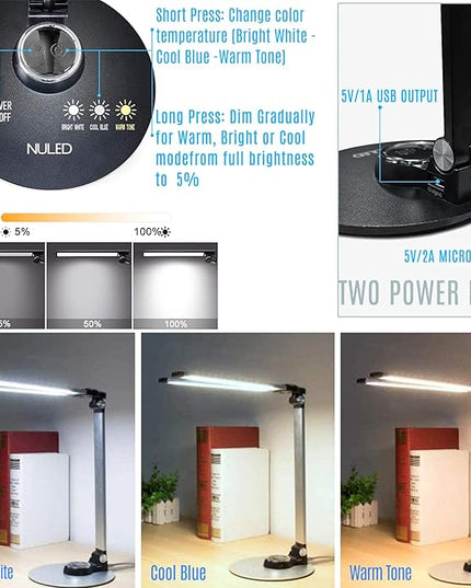 NUNET LED Desk Lamps for Home Office,Piano Lamp for Upright Piano,NULED Rotatable Aluminum Desk Lamp with USB Charging Port,Eye-Caring Reading Light/3 Lighting Modes/Brightness diammable Lamp,Silver - LeafyLoom