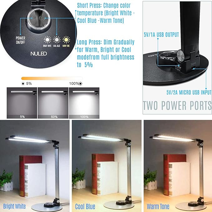 NUNET LED Desk Lamps for Home Office,Piano Lamp for Upright Piano,NULED Rotatable Aluminum Desk Lamp with USB Charging Port,Eye-Caring Reading Light/3 Lighting Modes/Brightness diammable Lamp,Silver - LeafyLoom