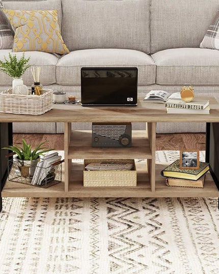 FATORRI Coffee Table for Living Room, Rustic Wood Center Table with Shelves, Farmhouse Rectangle Cocktail Tea Tables (Rustic Oak) - LeafyLoom