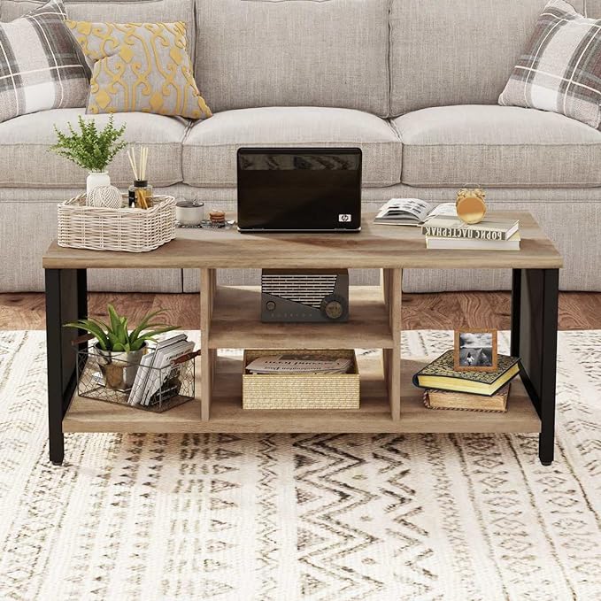 FATORRI Coffee Table for Living Room, Rustic Wood Center Table with Shelves, Farmhouse Rectangle Cocktail Tea Tables (Rustic Oak) - LeafyLoom