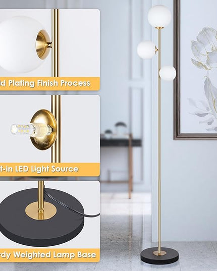 3 Globe Vintage Floor Lamp - 3 Color Options Moderm Floor Lamps for Living Room, Mid Century Standing lamp Home Decor for Bedrooms Office(Gold-Black, LED Bulbs Included) - LeafyLoom
