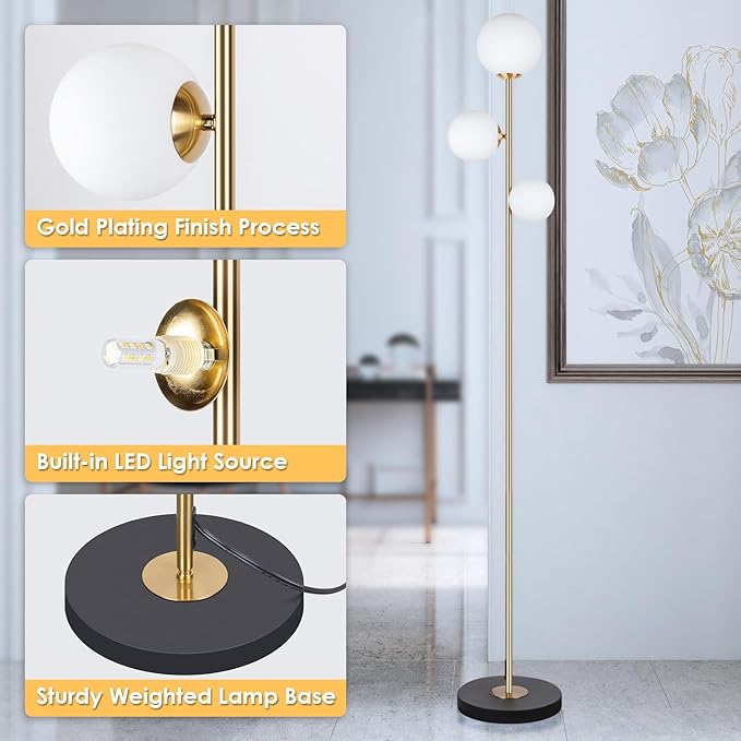 3 Globe Vintage Floor Lamp - 3 Color Options Moderm Floor Lamps for Living Room, Mid Century Standing lamp Home Decor for Bedrooms Office(Gold-Black, LED Bulbs Included) - LeafyLoom