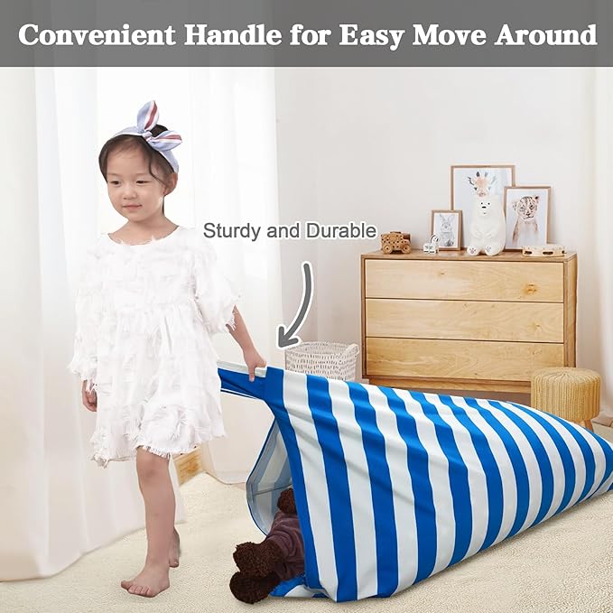 Jorbest Bean Bag Stuffed Animal Storage, Luxury Velvet Bean Bag Covers Only without Filling, Stuffed Animal Bean Bag Storage, Bean Bag Chair for Adults and Kids, (Stripe White Blue, 200L/52 Gal) - LeafyLoom