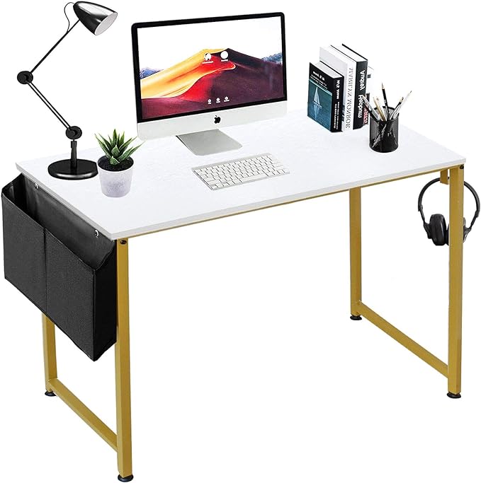 Lufeiya Computer Desk Small White Gold Writing Table for Home Office Compact Spaces 39 Inch Modern Student Study Desk,White Gold - LeafyLoom