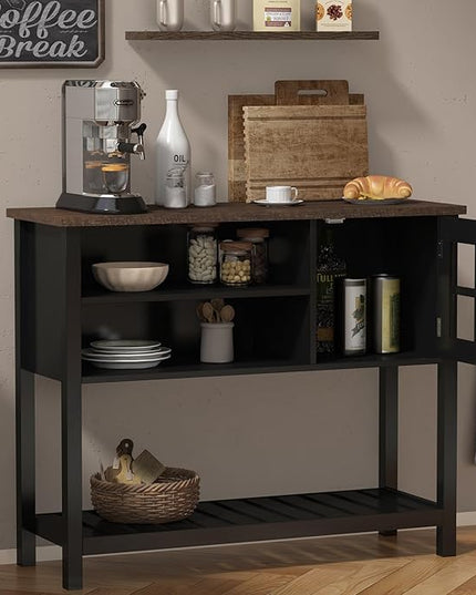 ChooChoo Farmhouse Coffee Bar Cabinet, Buffet Cabinet with Storage, Sideboard Buffet Cabinet with Glass Door, Console Table for Kitchen, Hallway, Entrance, Black - LeafyLoom