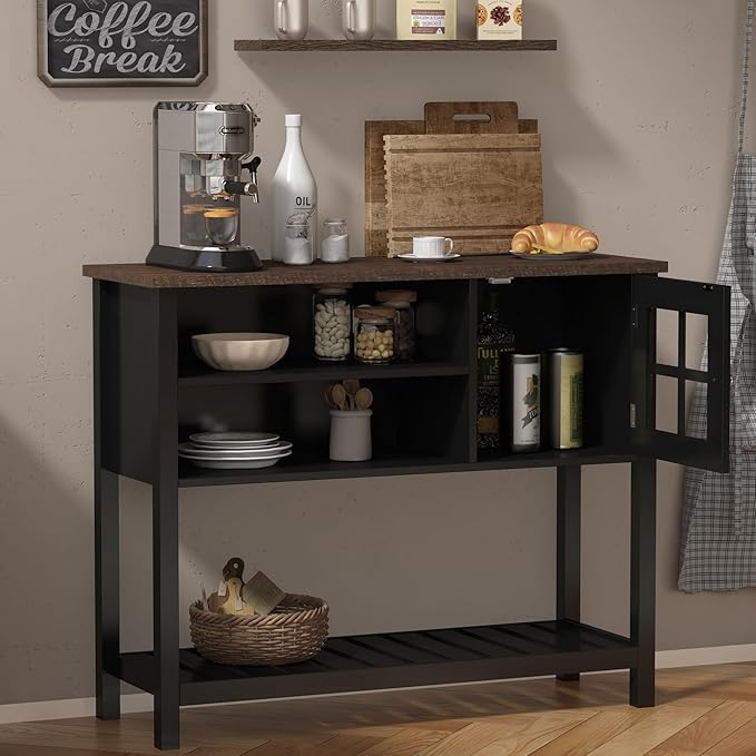 ChooChoo Farmhouse Coffee Bar Cabinet, Buffet Cabinet with Storage, Sideboard Buffet Cabinet with Glass Door, Console Table for Kitchen, Hallway, Entrance, Black - LeafyLoom